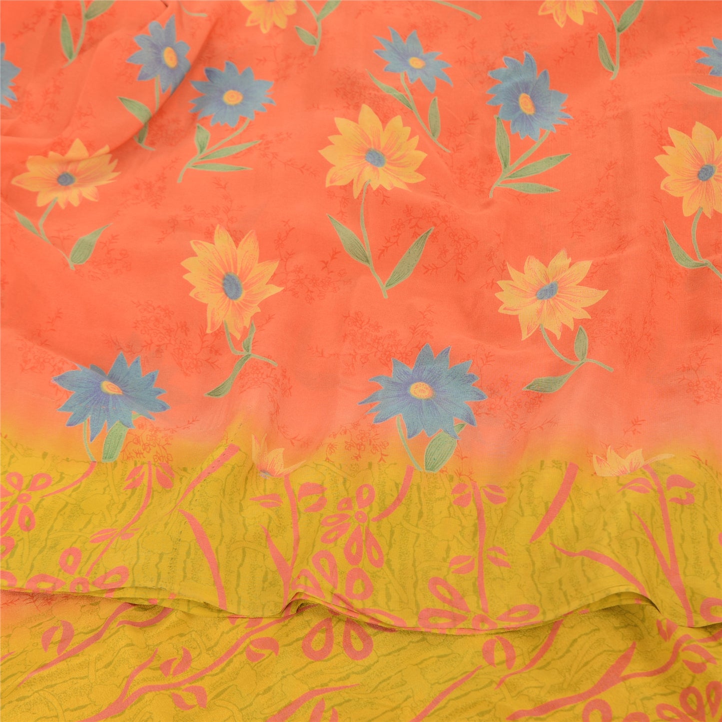 Sanskriti Vintage Sarees Pink/Yellow Pure Crepe Silk Printed Sari Craft Sustainable Fabric