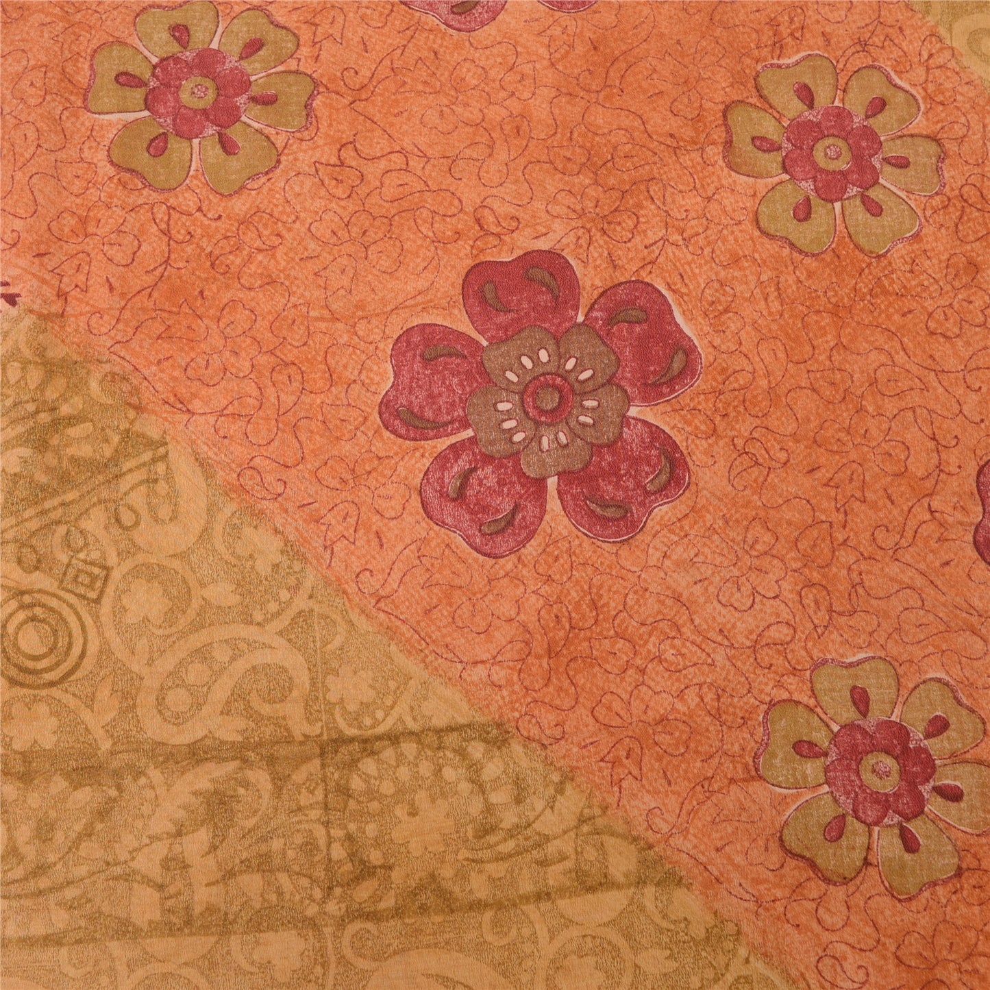 Sanskriti Vintage Sarier Beige/Ferskenfarvet Sari i Ren Crepe Silkeprint, 5 m Håndværksmæssigt Bæredygtigt Stoff