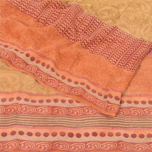 Sanskriti Vintage Sarees Beige/Peach Pure Crepe Silk Print Sari 5yd Craft Sustainable Fabric