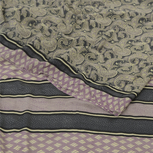 Sanskriti Vintage Sarees Black Pure Crepe Silk Printed Sari 5yd Craft Sustainable Fabric