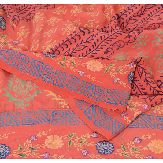Sanskriti Vintage Sarees Coral Pink Pure Crepe Silk Print Sari 5yd Craft Sustainable Fabric
