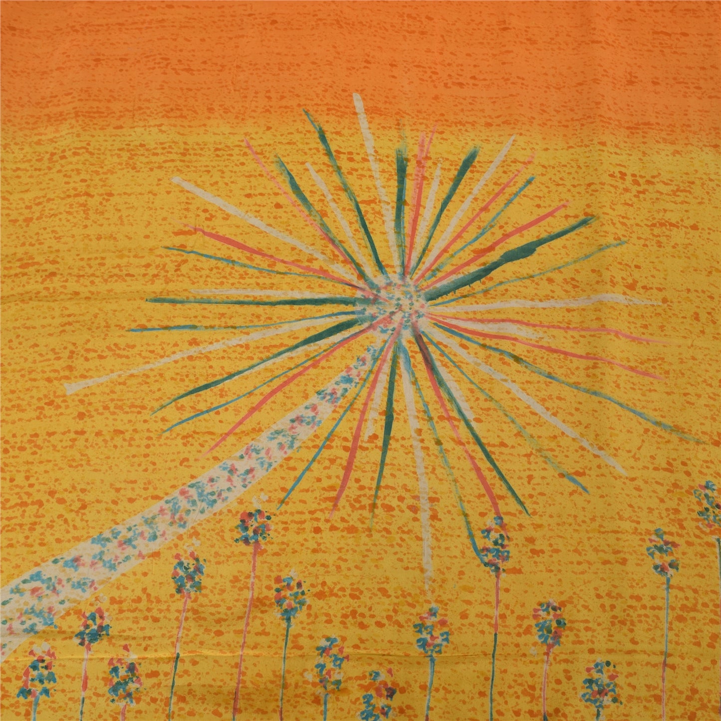 Sanskriti Vintage Sarees Black/Saffron Pure Crepe Printed Sari 5yd Craft Sustainable Fabric