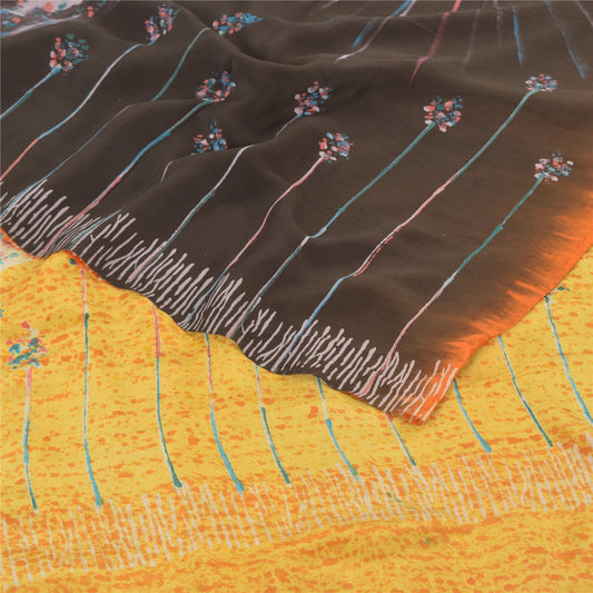 Sanskriti Vintage Sarees Black/Saffron Pure Crepe Printed Sari 5yd Craft Sustainable Fabric