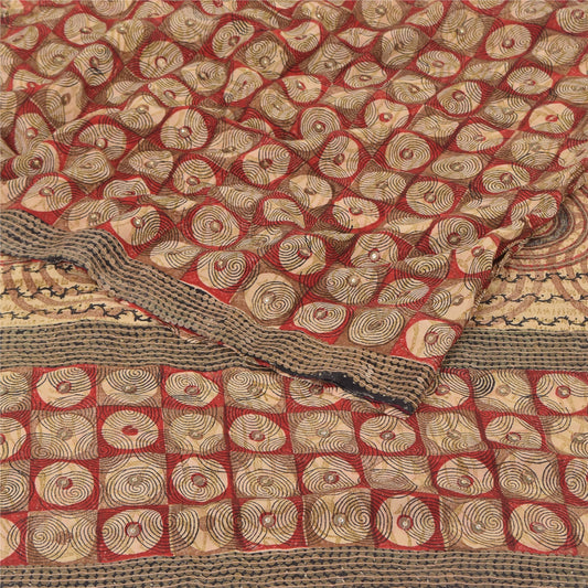 Sanskriti Vintage Sarees Red Embroidered Pure Crepe Silk Printed Sari 5yd Sustainable Fabric