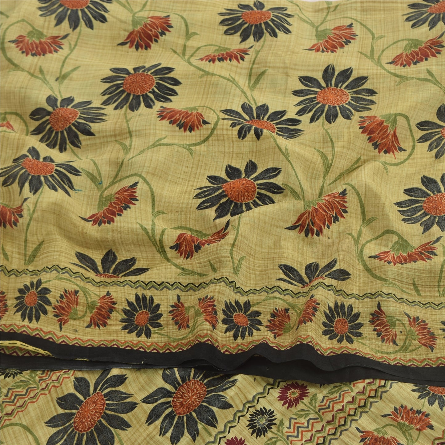 Sanskriti Vintage Sarees Cream 100%Pure Crepe Silk Printed Sari 5yd Craft Sustainable Fabric