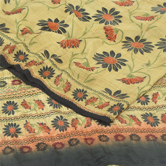 Sanskriti Vintage Sarees Cream 100%Pure Crepe Silk Printed Sari 5yd Craft Sustainable Fabric