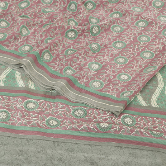 Sanskriti Vintage Sarees Dusty Red/Green Pure Crepe Silk Printed Sari 6yd Sustainable Fabric