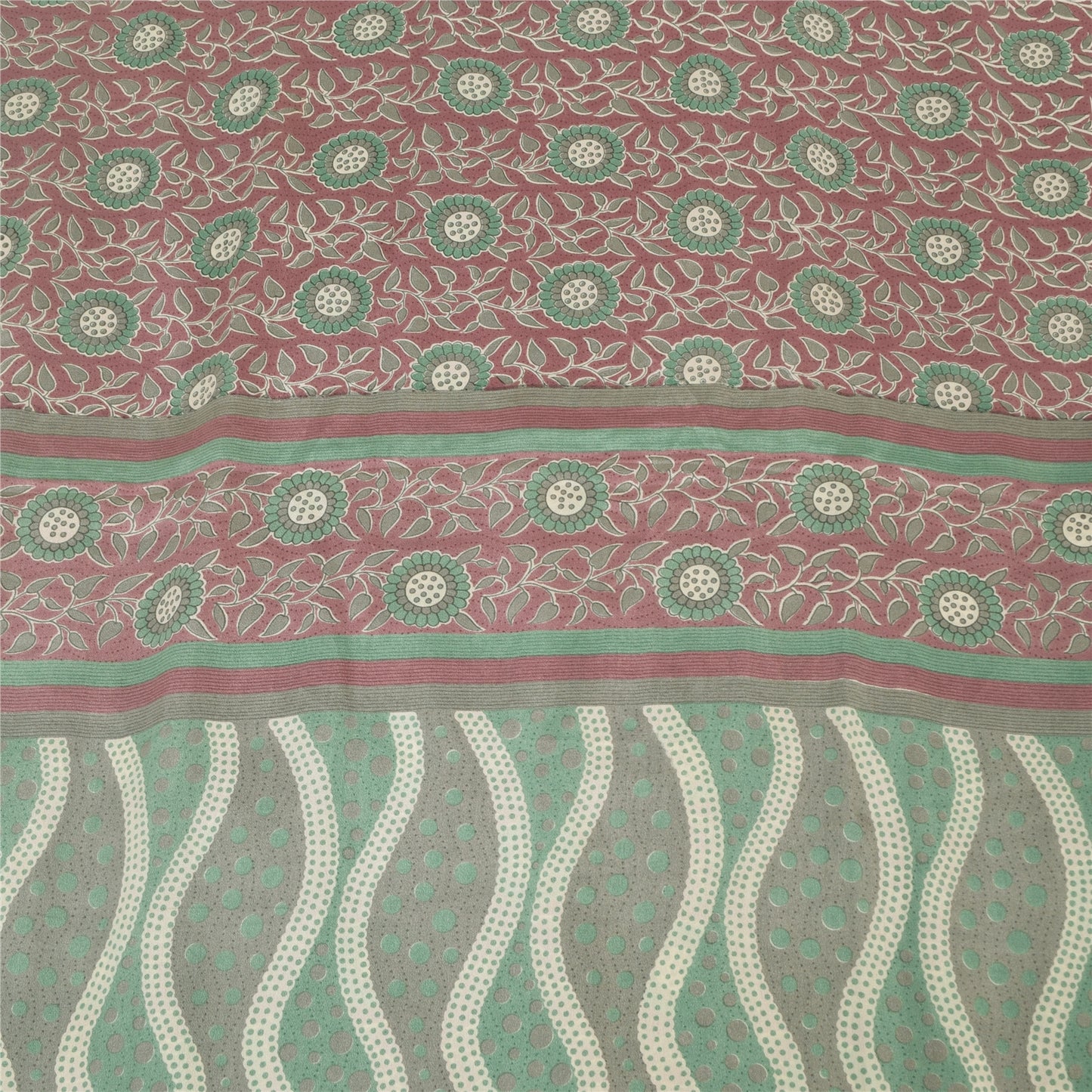 Sanskriti Vintage Sarees Dusty Red/Green Pure Crepe Silk Printed Sari 6yd Sustainable Fabric