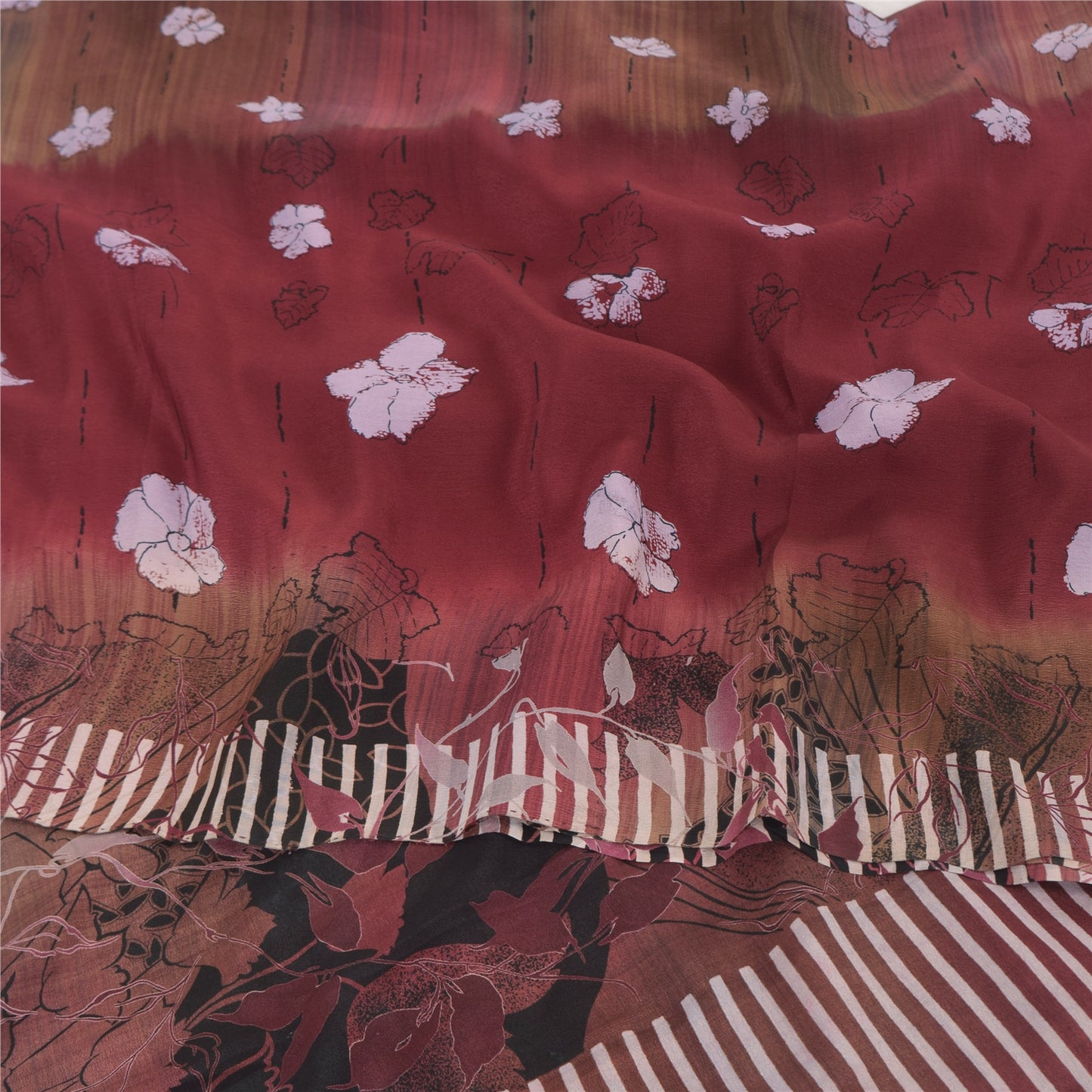 Sanskriti Vintage Sarees Dark Red Pure Crepe Silk Printed Sari 6yd Craft Sustainable Fabric