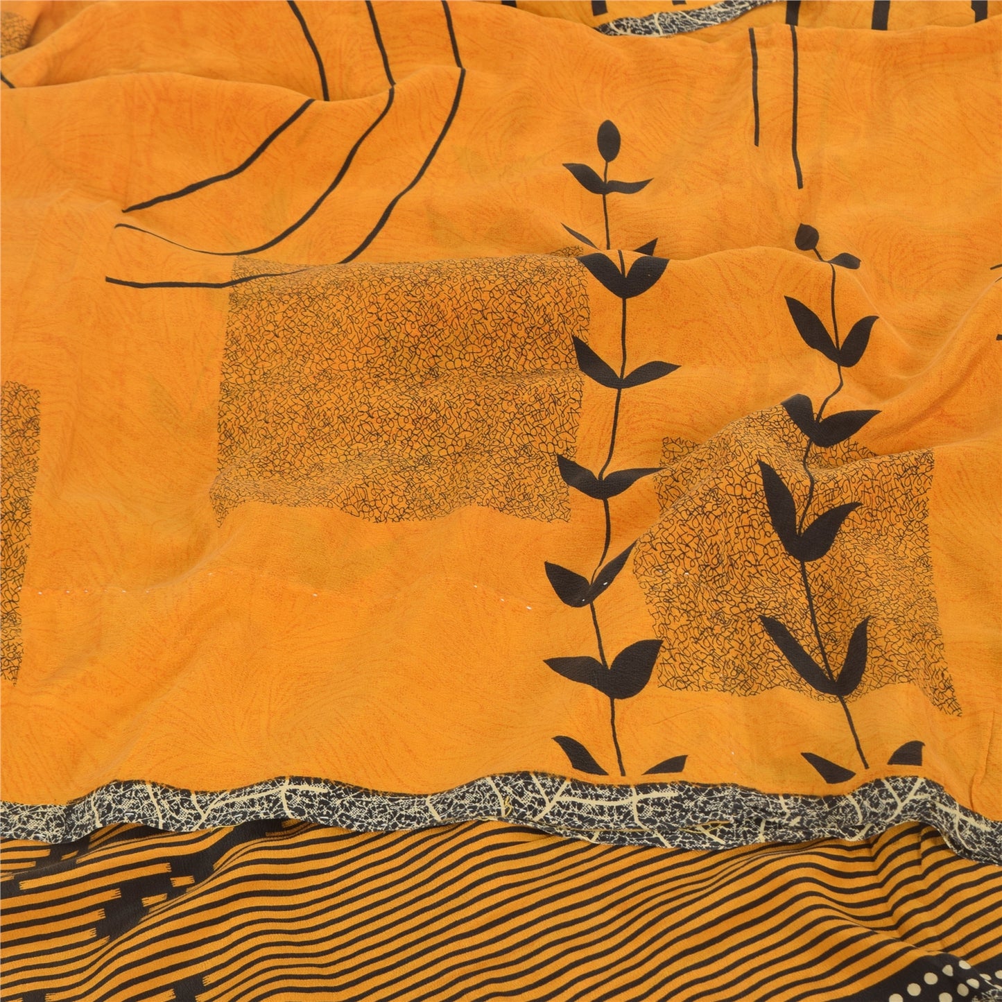 Sanskriti Vintage Sarees Yellow Pure Crepe Silk Printed Sari 5yd Craft Sustainable Fabric