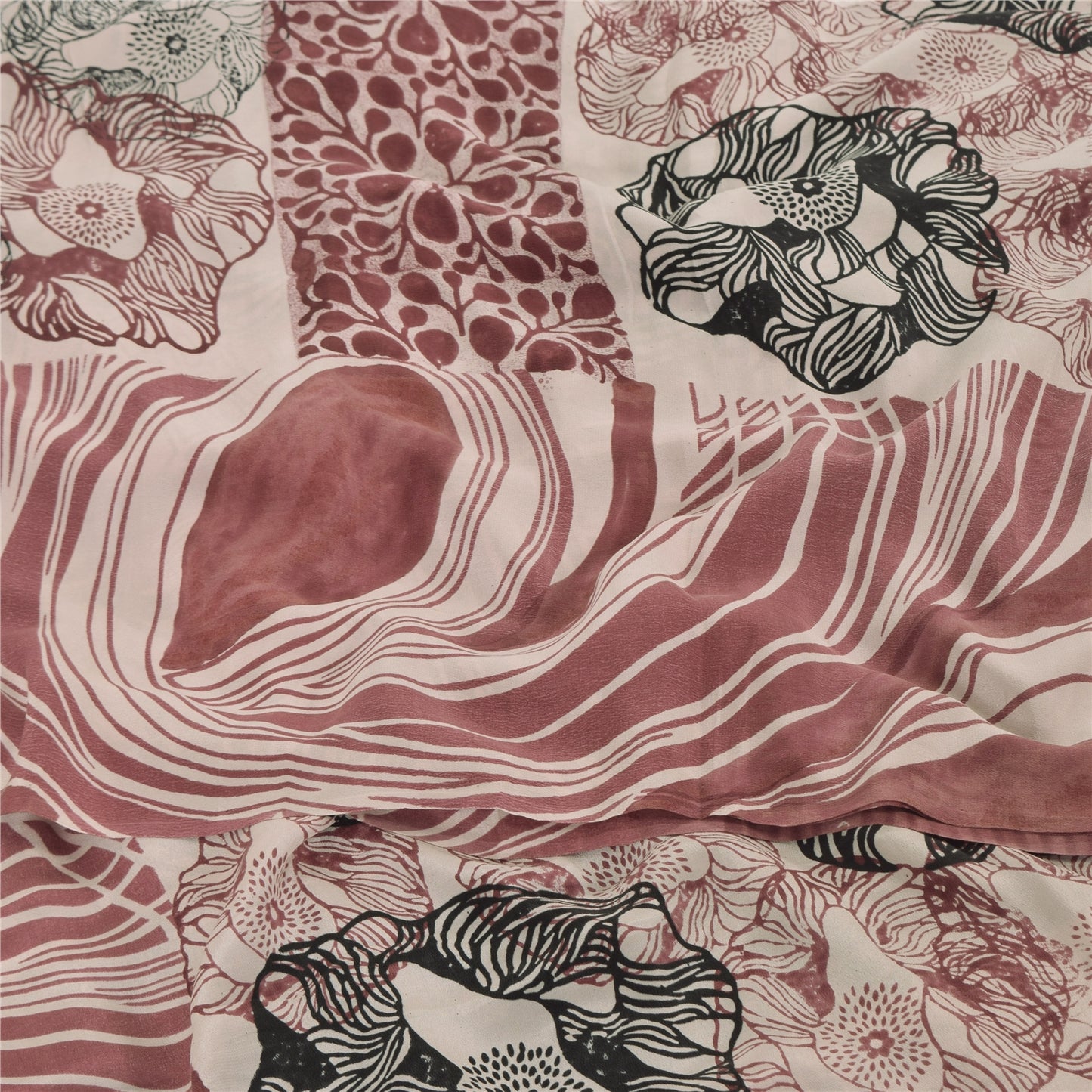 Sanskriti Vintage Sarees Dusty Pink Pure Crepe Silk Print Sari 5yd Craft Sustainable Fabric