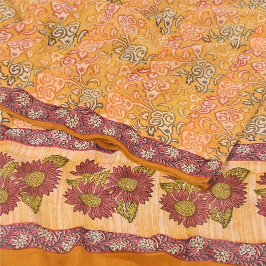 Sanskriti Vintage Sarees Saffron Pure Crepe Silk Printed Sari 5yd Craft Sustainable Fabric