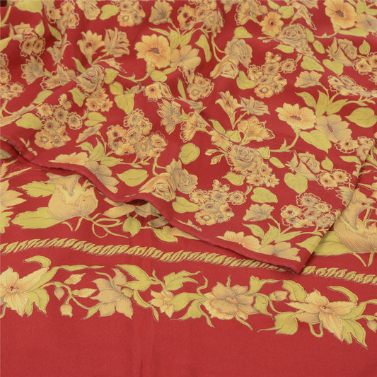 Sanskriti Vintage Sarees Red 100% Pure Crepe Silk Printed Sari 5yd Craft Sustainable Fabric