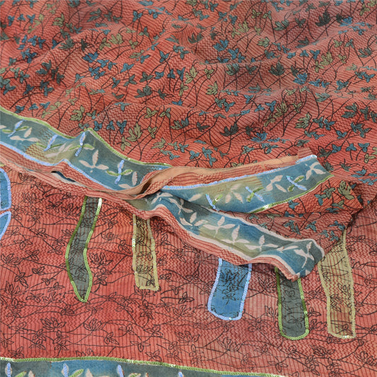 Sanskriti Vintage Sarees Dark Red Pure Crepe Silk Print Sequins Sari 5yd Sustainable Fabric