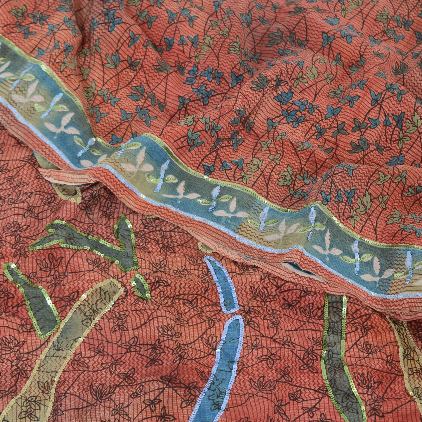 Sanskriti Vintage Sarees Dark Red Pure Crepe Silk Print Sequins Sari 5yd Sustainable Fabric