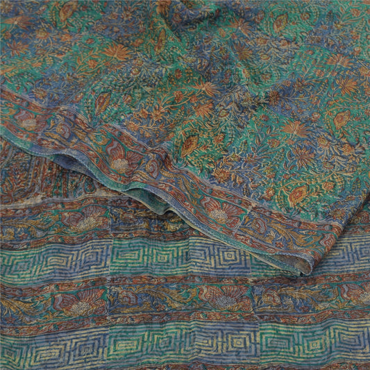 Sanskriti Vintage Sarees Multicolor Blend Crepe Printed Sari 5yd Craft Fabric