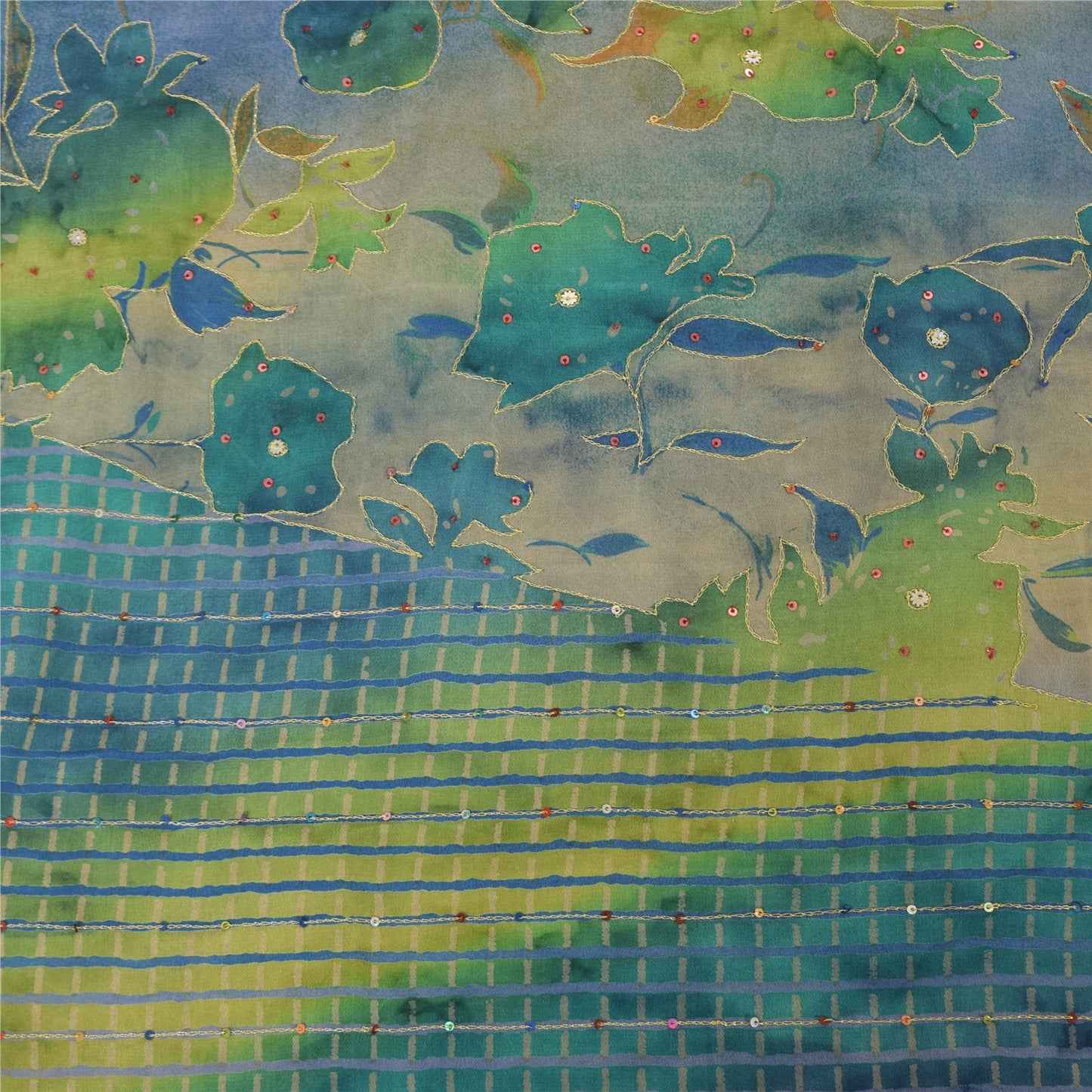 Sanskriti Vintage Sarees Blend Crepe Hand Beaded Printed Sari 5yd Craft Sustainable Fabric