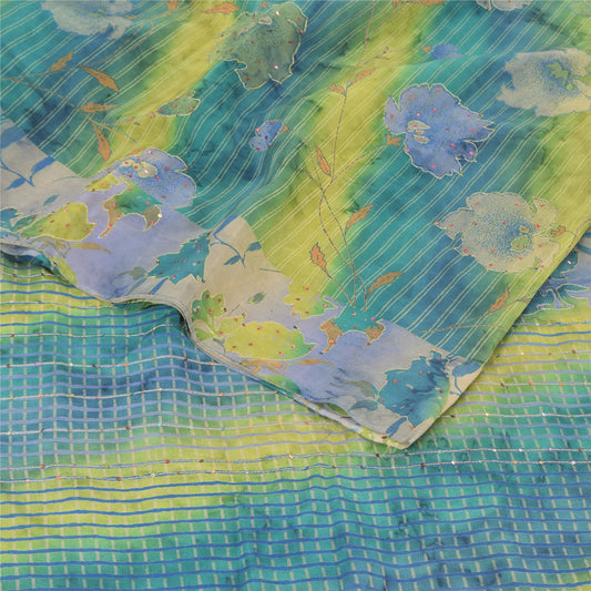 Sanskriti Vintage Sarees Blend Crepe Hand Beaded Printed Sari 5yd Craft Sustainable Fabric