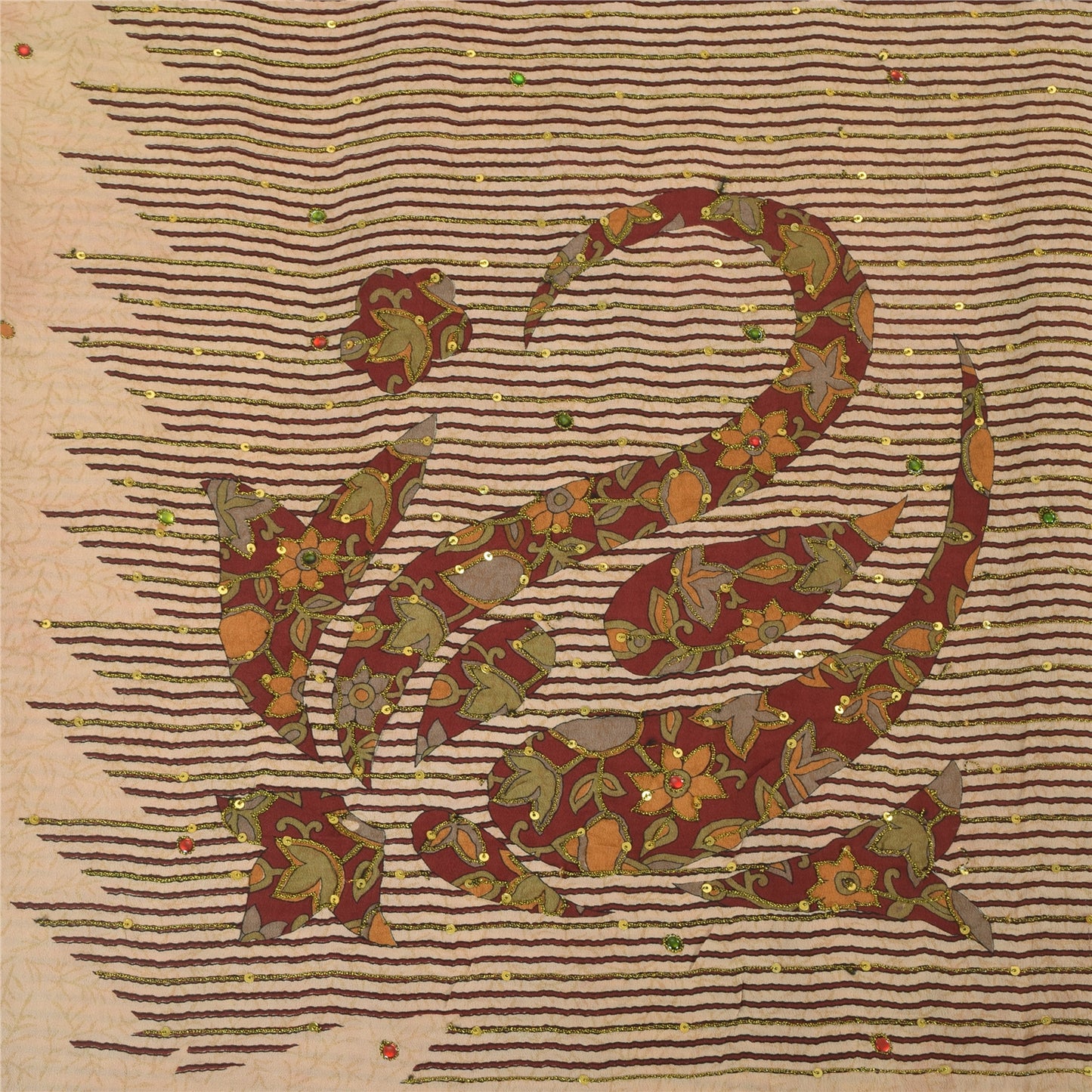 Sanskriti Vintage Sarees Ivory Hand Beaded Pure Crepe Printed Sari 5yd Sustainable Fabric