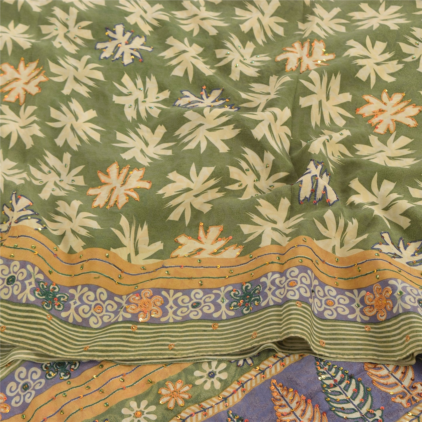 Сари Sanskriti Vintage, зеленое чистое креповое шелковое сари с принтом, 5 ярдов, ткань для рукоделия из экологически чистой ткани