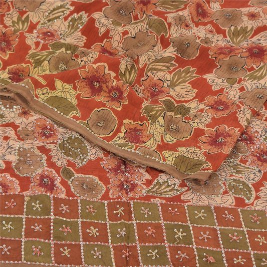 Sanskriti Vintage Sarees Orange Hand Beaded French Knot Pure Crepe Sari Sustainable Fabric