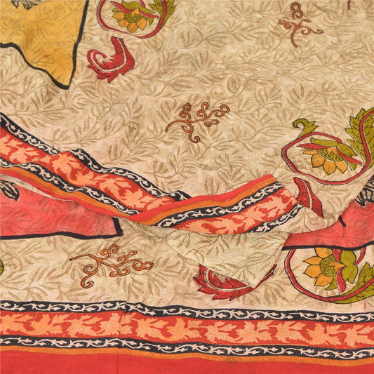 Sanskriti Vintage Sarees Cream 100%Pure Crepe Silk Printed Sari 5yd Craft Sustainable Fabric