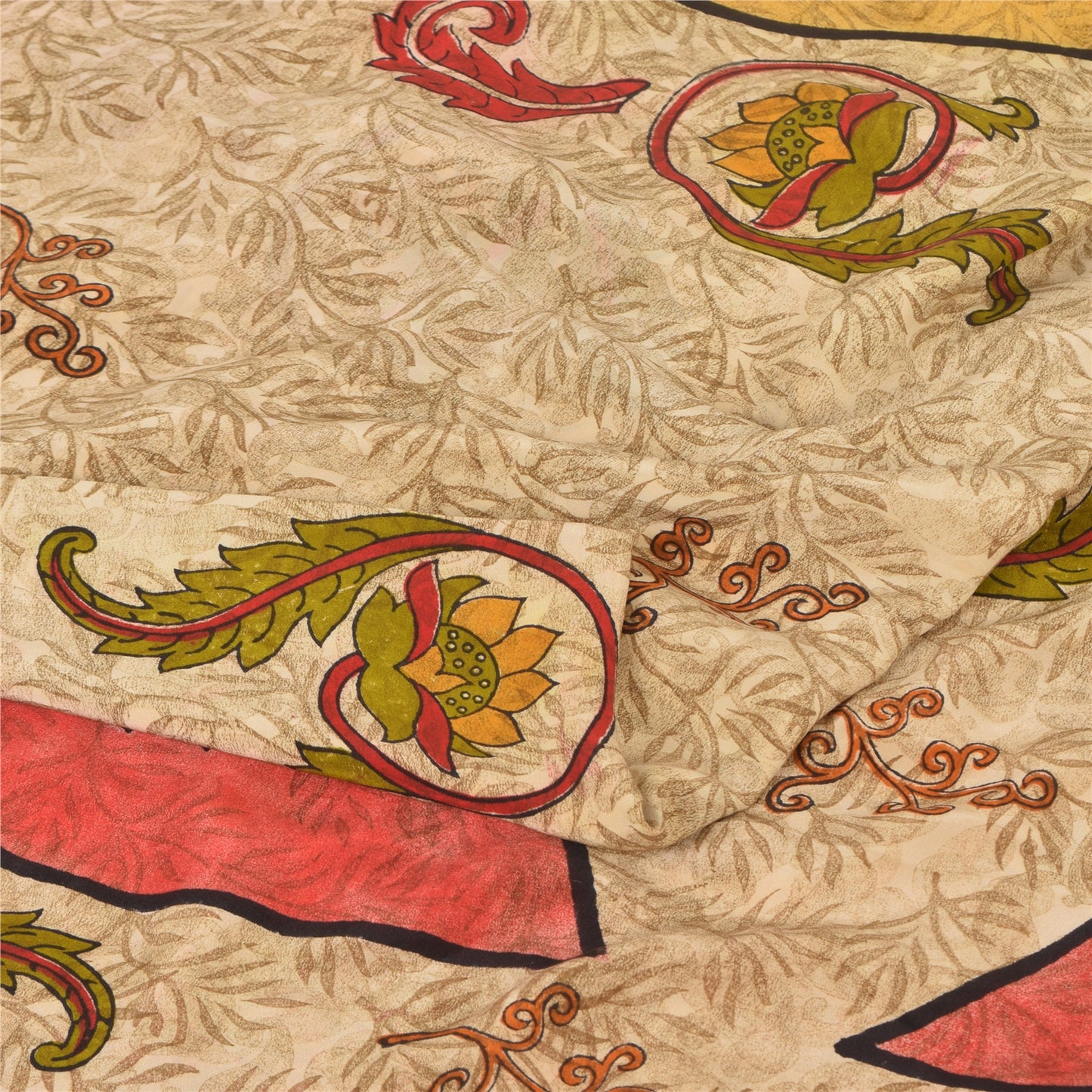 Sanskriti Vintage Sarees Cream 100%Pure Crepe Silk Printed Sari 5yd Craft Sustainable Fabric