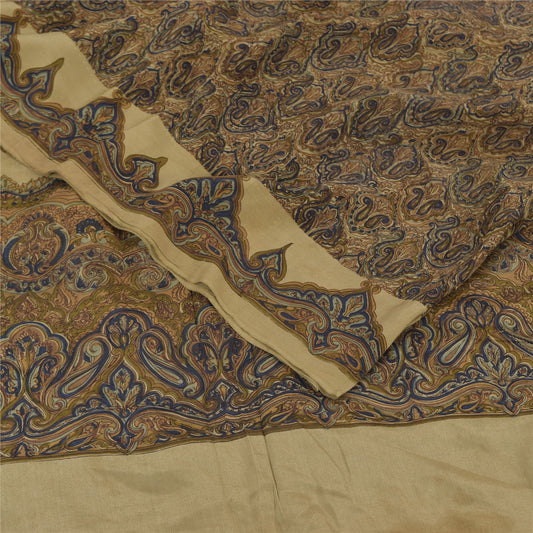 Sanskriti Vintage Sarees Green Pure Crepe Silk Printed Sari 5yd Craft Sustainable Fabric