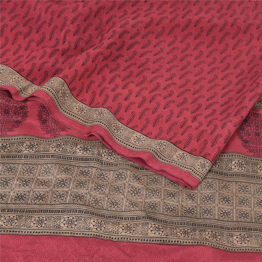 Sanskriti Vintage Sarees Reddish-Pink Pure Crepe Printed Sari 6yd Craft Sustainable Fabric