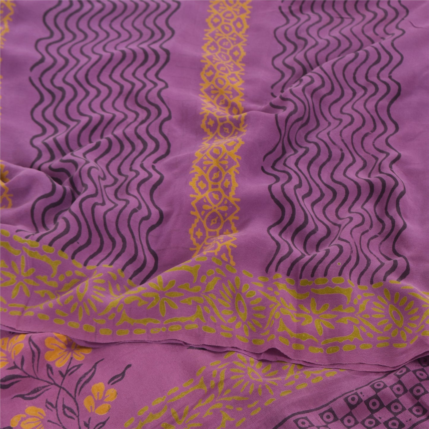 Sanskriti Vintage Sarees Purple Pure Crepe Silk Printed Sari 5yd Craft Sustainable Fabric