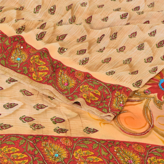 Sanskriti Vintage Sarees Peach Hand Beaded Pure Crepe Silk Print Sari 5yd Sustainable Fabric