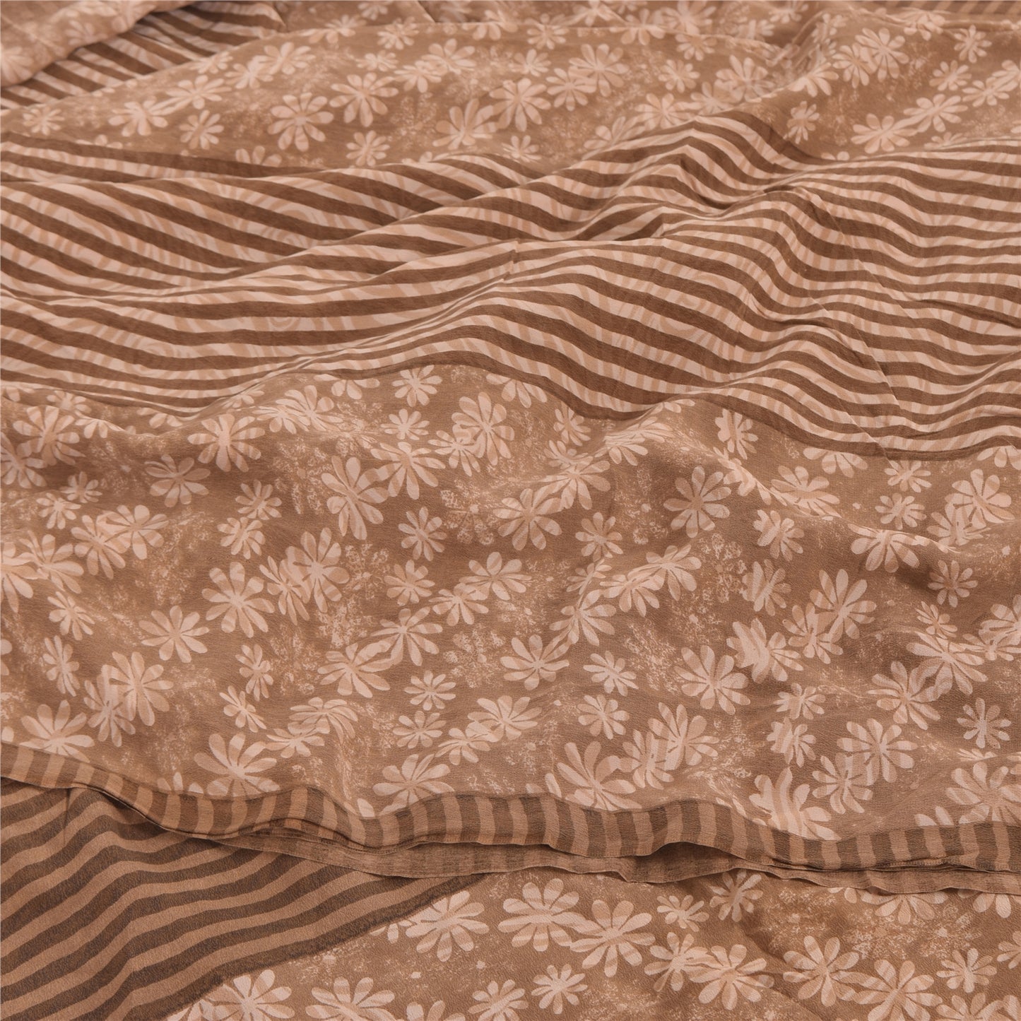 Sanskriti Vintage Sarees Brown Pure Crepe Silk Printed Sari 5yd Craft Sustainable Fabric