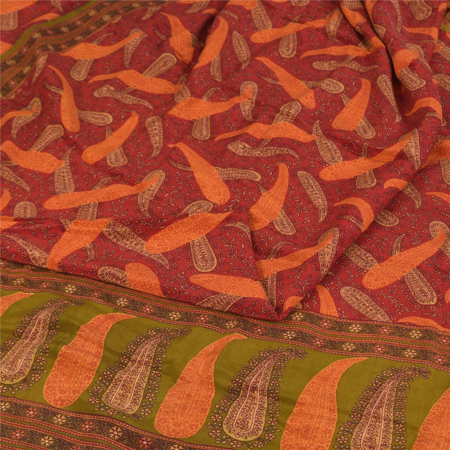 Sanskriti Vintage Sarees Indian Red Pure Crepe Silk Print Sari 5+yd Craft Sustainable Fabric