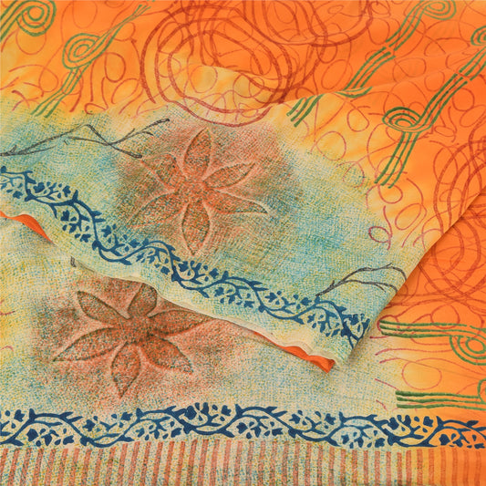 Sanskriti Vintage Sarees Orange/Cream Pure Crepe Printed Sari 5yd Craft Sustainable Fabric