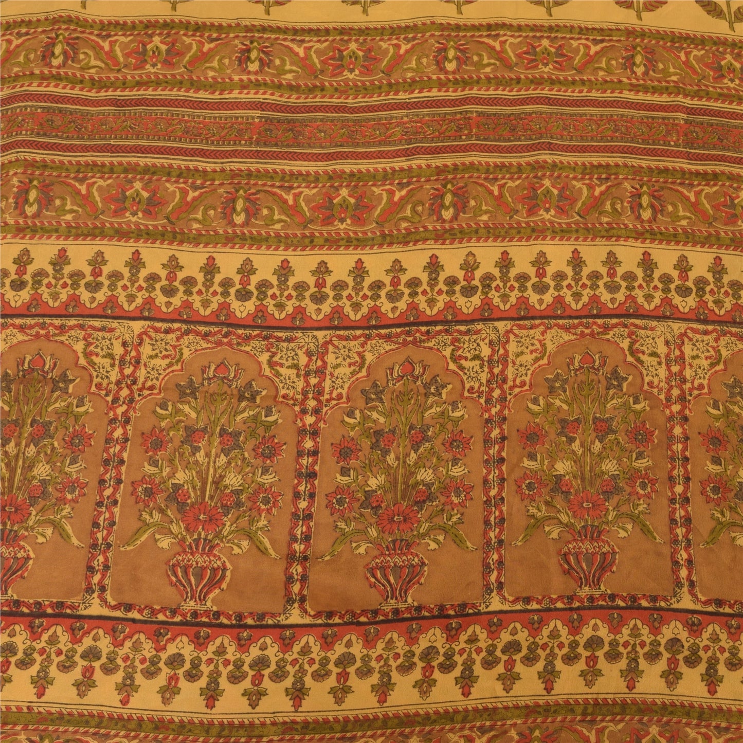 Sanskriti Vintage Sarees Pale Yellow Pure Crepe Silk Print Sari 6yd Craft Sustainable Fabric