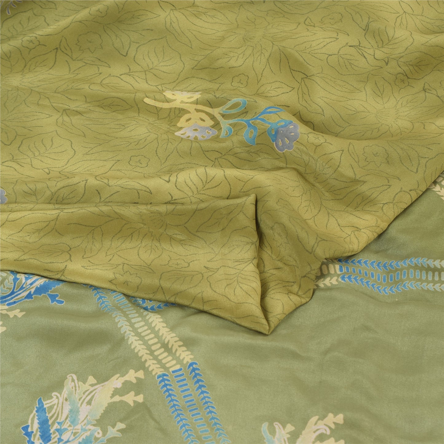 Sanskriti Vintage Sarees Green Pure Crepe Silk Printed Sari 5yd Craft Sustainable Fabric