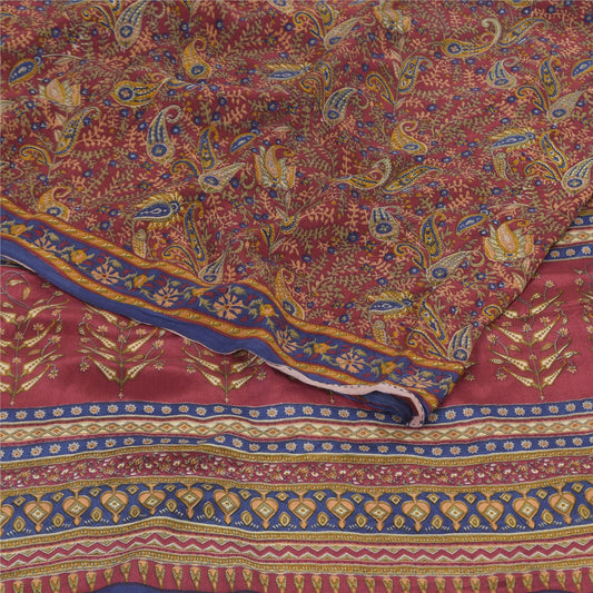 Sanskriti Vintage Sarees Dark Red Pure Crepe Silk Printed Sari 5yd Craft Sustainable Fabric