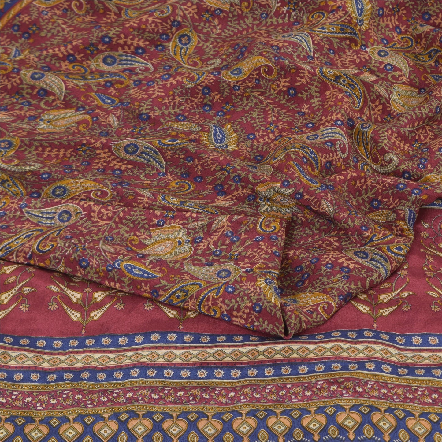 Sanskriti Vintage Sarees Dark Red Pure Crepe Silk Printed Sari 5yd Craft Sustainable Fabric