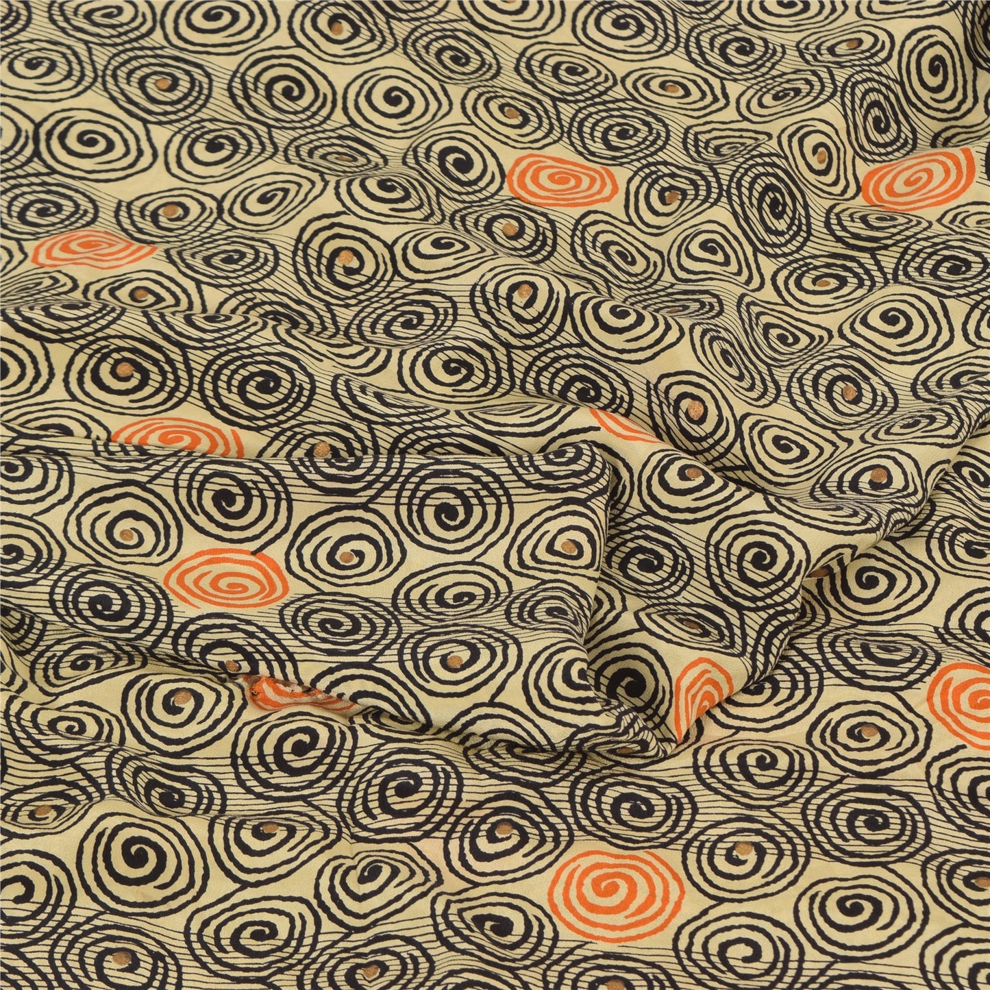 Sanskriti Vintage Sarees Cream Pure Crepe Silk Printed Sari 5+yd Craft Fabric