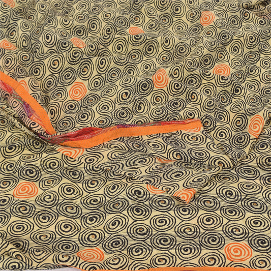 Sanskriti Vintage Sarees Cream Pure Crepe Silk Printed Sari 5+yd Craft Fabric
