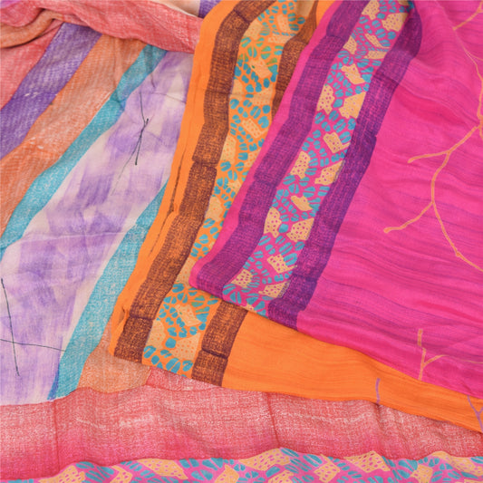 Sanskriti Vintage Sarees Multi 100%Pure Crepe Silk Printed Sari 5yd Craft Sustainable Fabric
