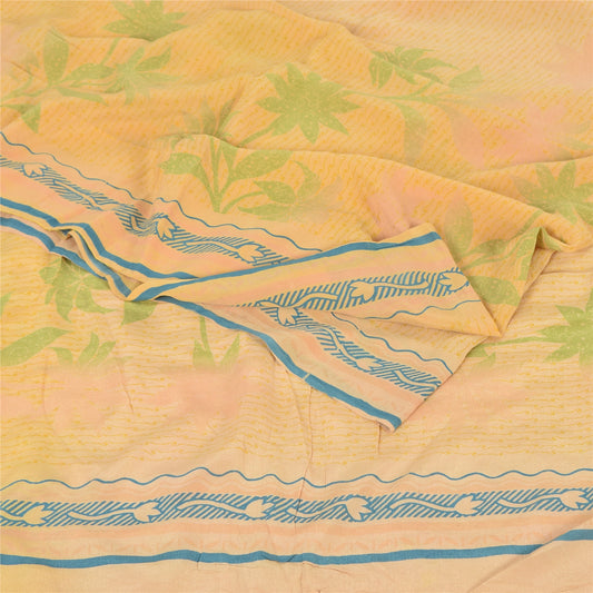 Sanskriti Vintage Sarees Peach Pure Crepe Silk Printed Sari 5+yd Craft Fabric