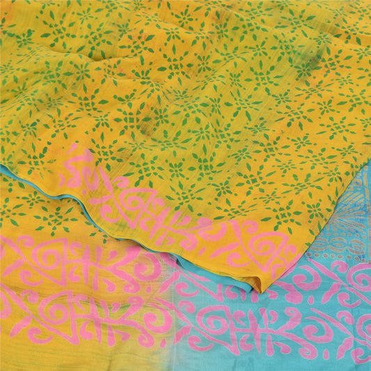 Sanskriti Vintage Sarees Blue/Green Pure Crepe Silk Print Sari 5yd Craft Sustainable Fabric