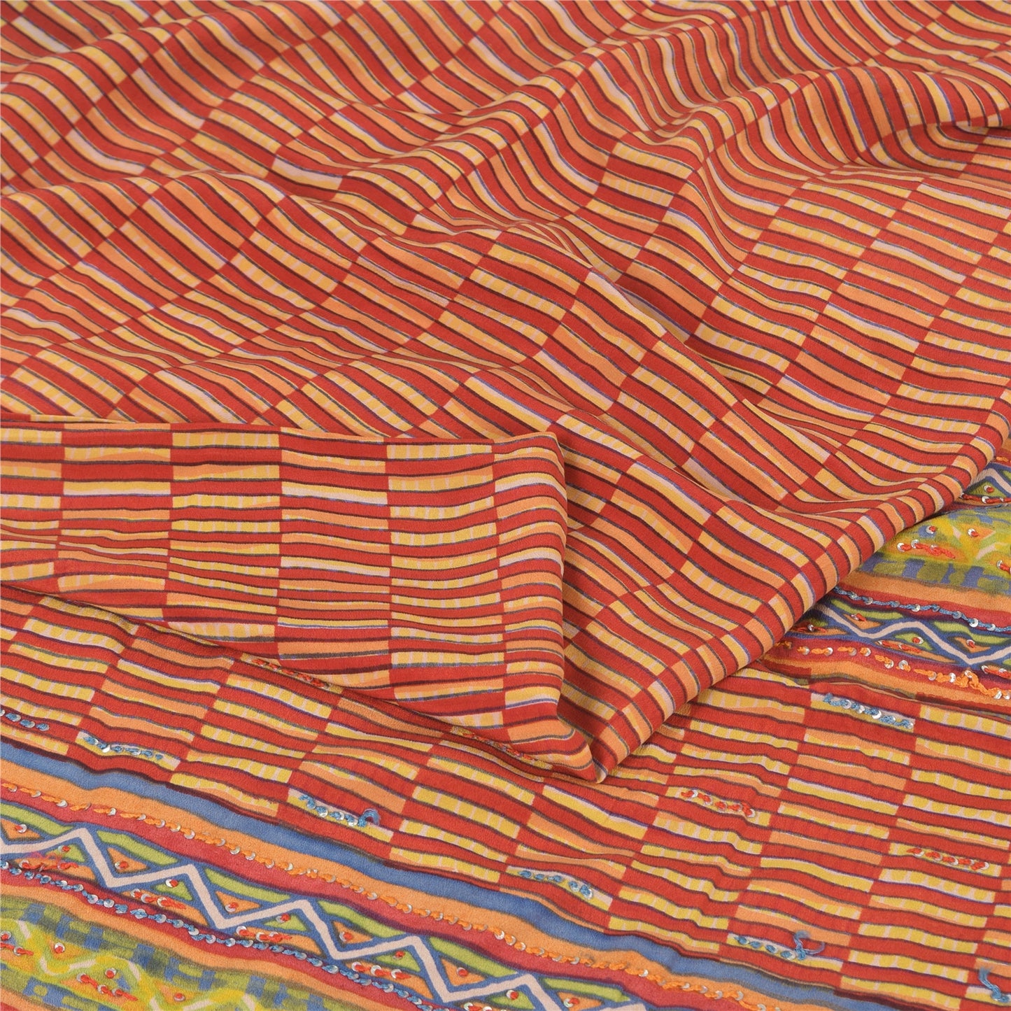 Sanskriti Vintage Sarees Orange/Yellow Embroidered Pure Crepe Print Sari Sustainable Fabric