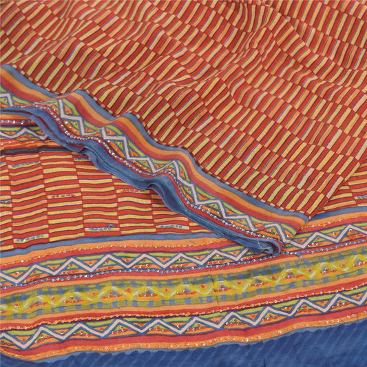 Sanskriti Vintage Sarees Orange/Yellow Embroidered Pure Crepe Print Sari Sustainable Fabric