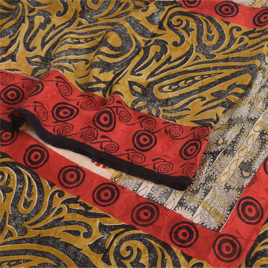 Sanskriti Vintage Sarees Multicolor Pure Crepe Silk Print Sari 5yd Craft Sustainable Fabric