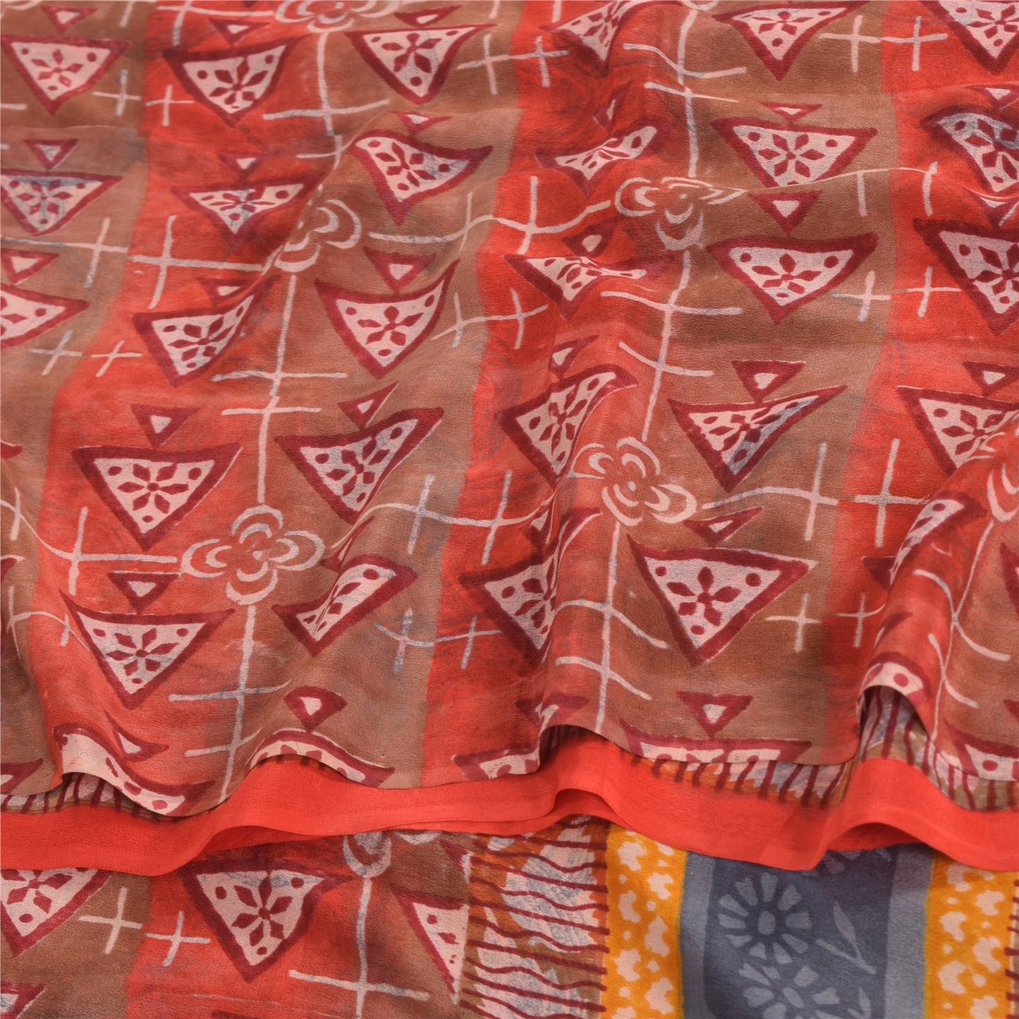 Sanskriti Vintage Sarees Red Indian Pure Crepe Silk Print Sari 5yd Craft Sustainable Fabric