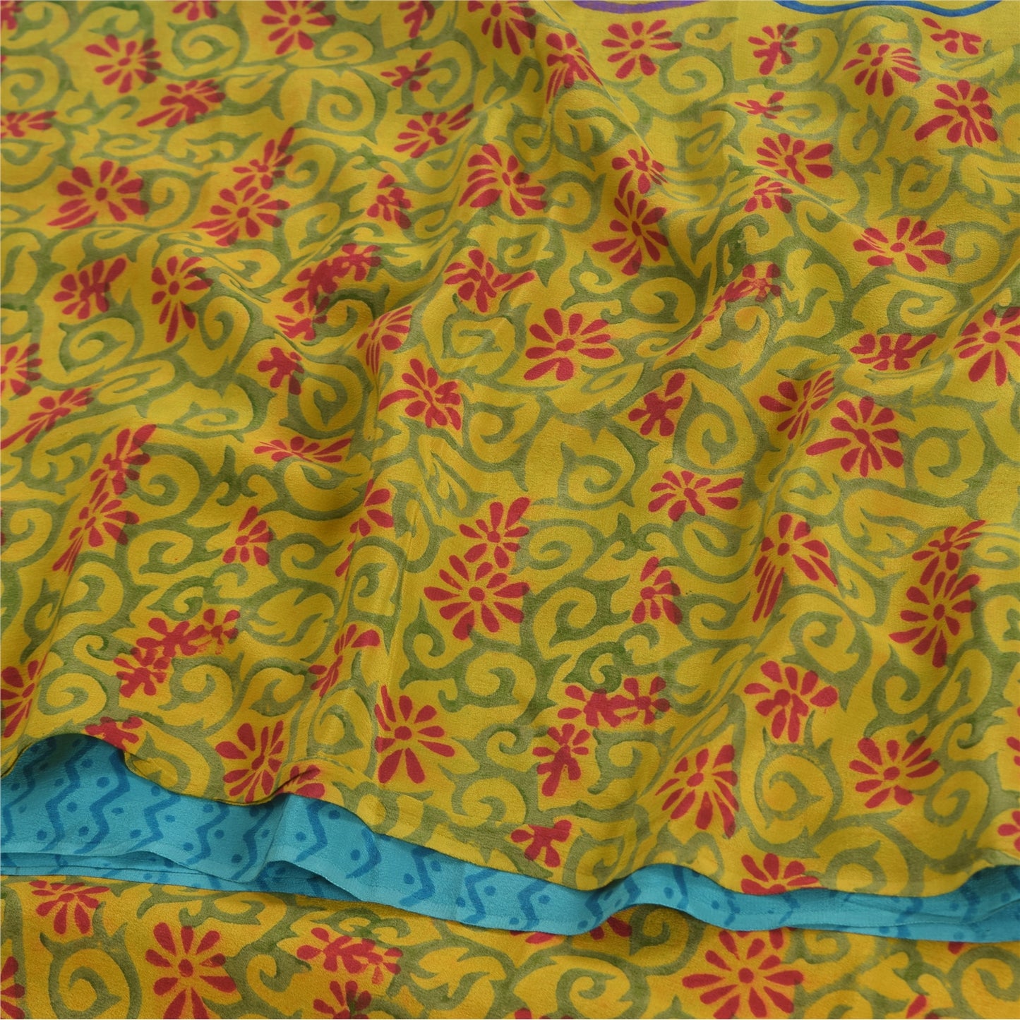 Sanskriti Vintage Sarees Blue/Green Pure Crepe Silk Print Sari 5yd Craft Sustainable Fabric