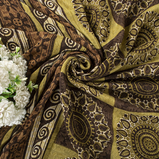 Sanskriti Vintage Saree Brown Pure Crepe Mandal Art Printed Sari 5.5+Yard Fabric