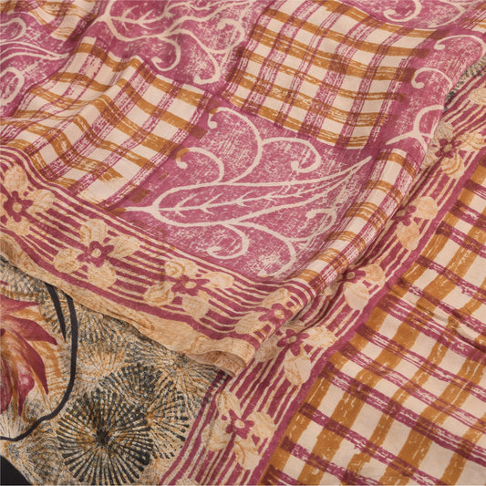 Sanskriti Vintage Sarees Pink Pure Crepe Silk Printed Sari 5yd Craft Sustainable Fabric